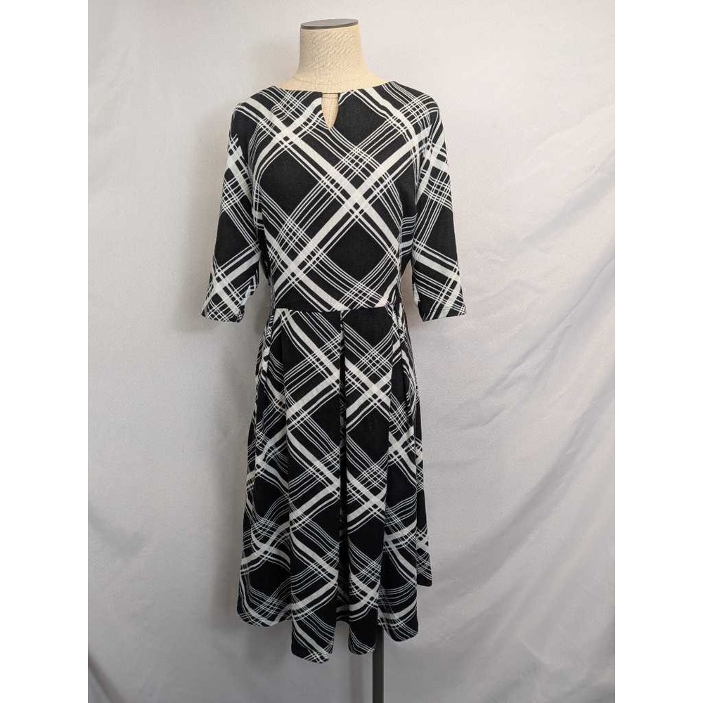 Anthony Richards Women's Large Black White Plaid Midi Dress 3/4 Sleeve Keyhole